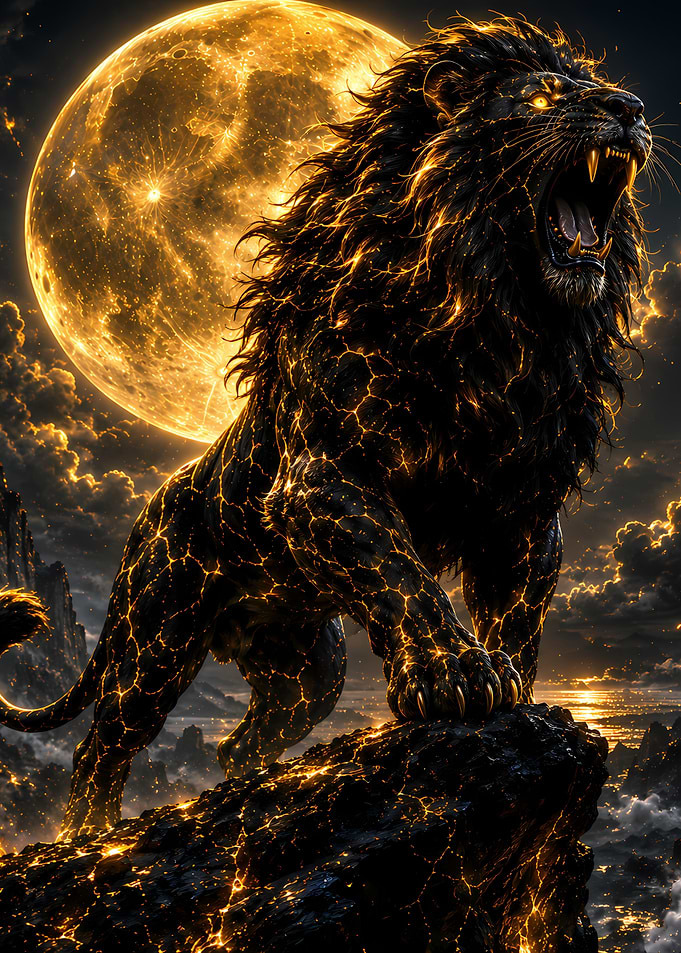 Fiery Lion Roaring Under a Golden Moon