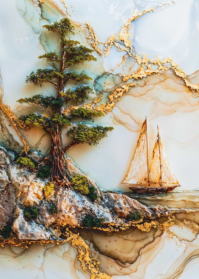 Marble Landscape with Sailing Boat