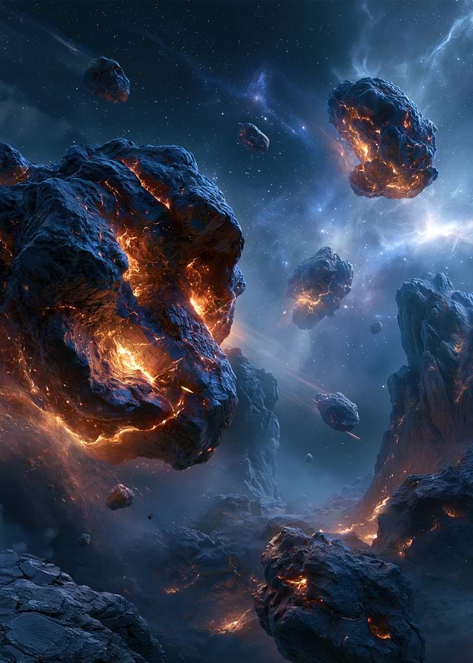 Fiery Asteroid Field in Space