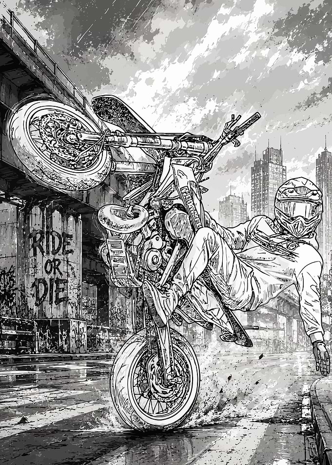 Motorcyclist Performing a Wheelie in Urban Setting