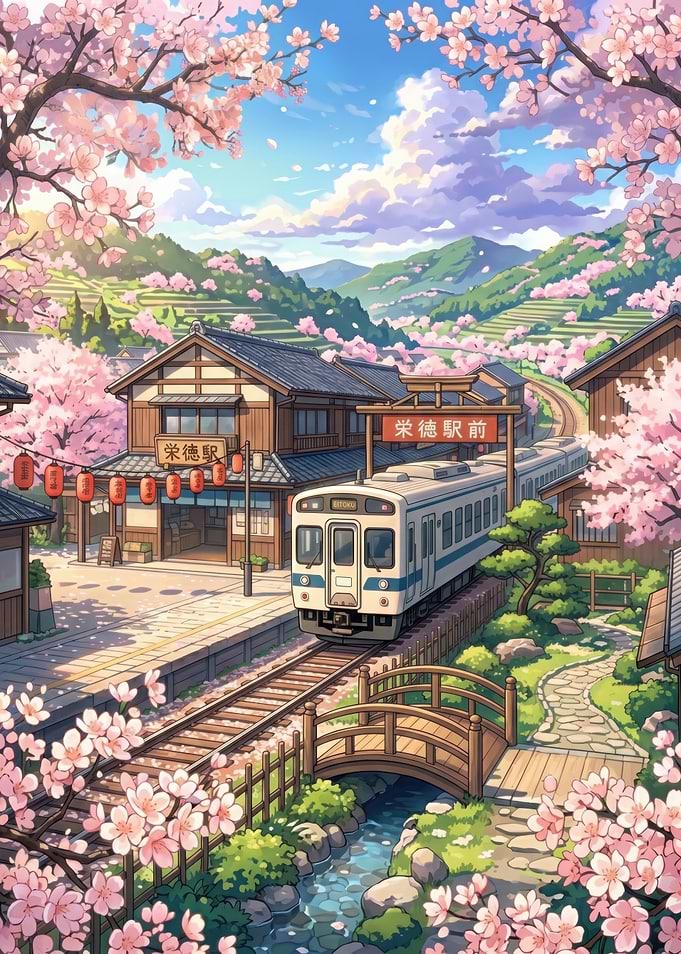 Anime Train Station with Cherry Blossoms