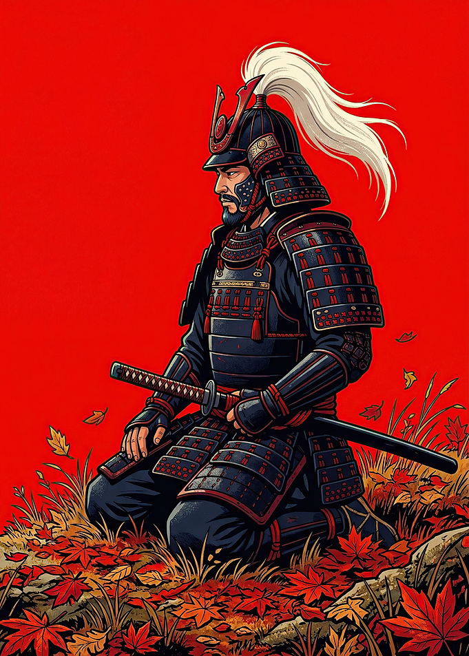 Samurai Kneeling in Autumn Leaves