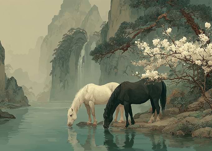 Horses Drinking Water by Waterfall