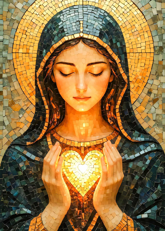 Mosaic of the Virgin Mary with Glowing Heart