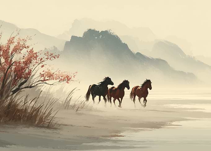 Horses running through a misty landscape