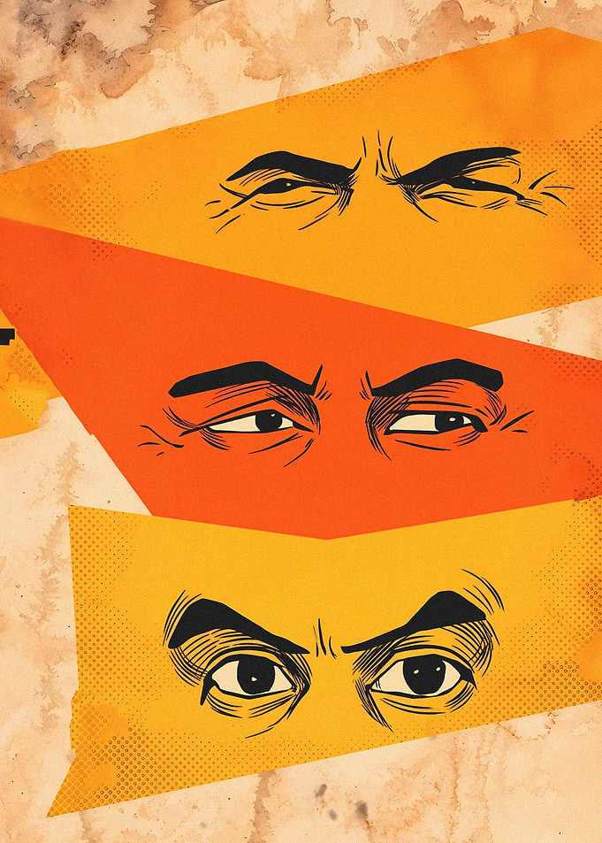 Three pairs of eyes looking intensely