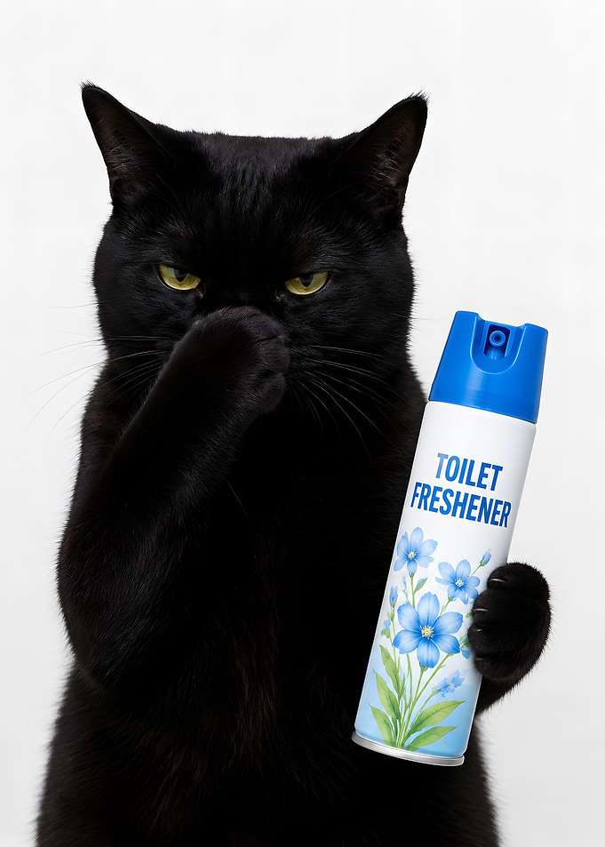 Black cat holding toilet freshener