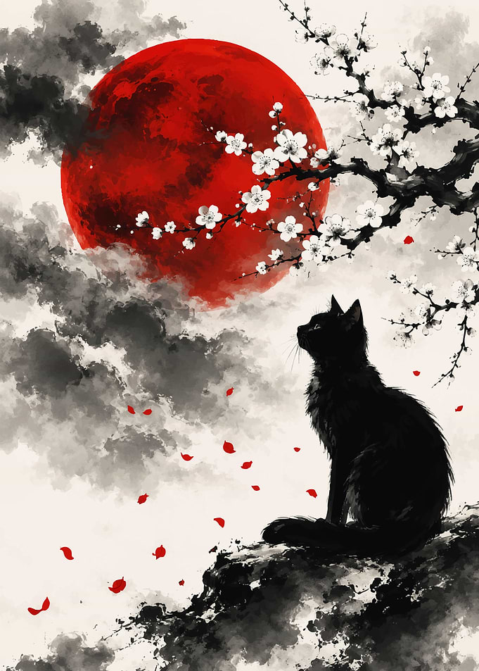 Black Cat Under a Red Moon