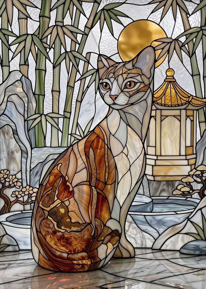 Stained Glass Cat – Japanese Garden Serenity – Abstract Fantasy #157