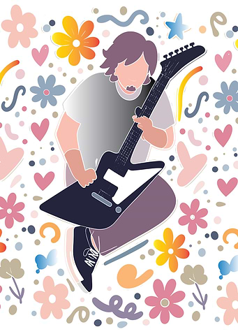 Person playing guitar with floral background