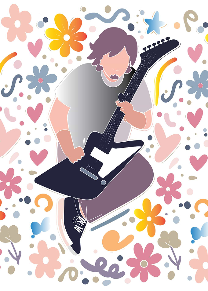 Person playing guitar with floral background