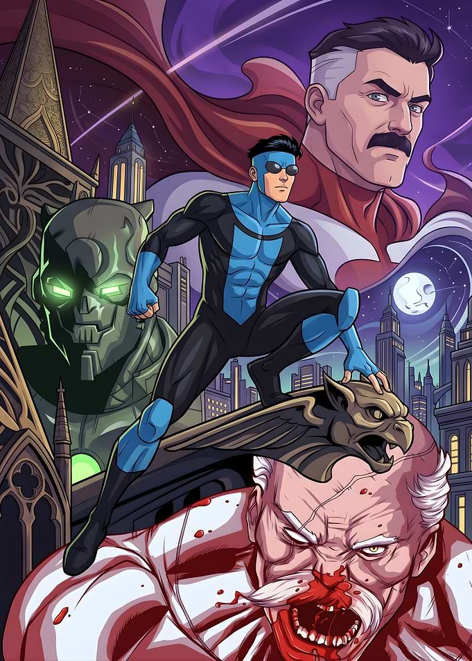 Invincible and Omni-Man in Cityscape