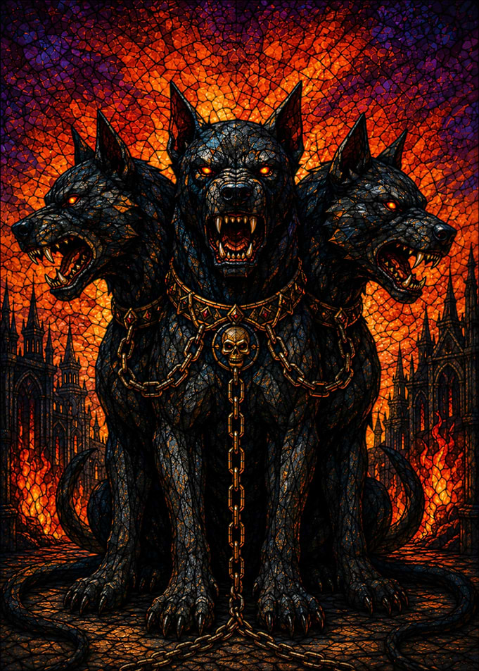 Three-headed hellhound with chains