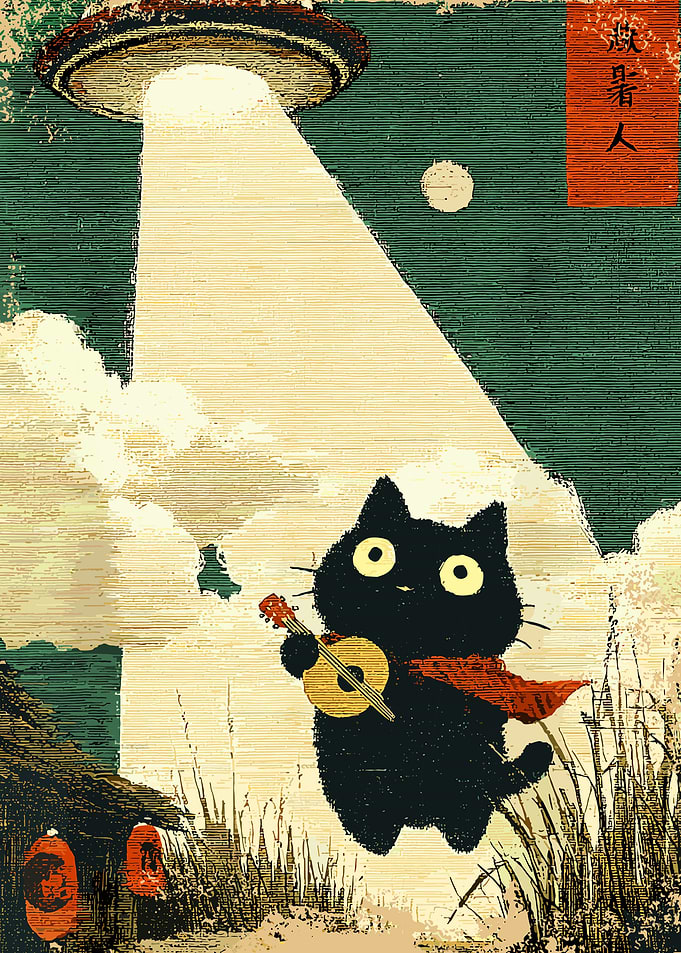 Black Cat Ukulele UFO Poster Vintage Fantasy Wall Art with Moonlit Countryside