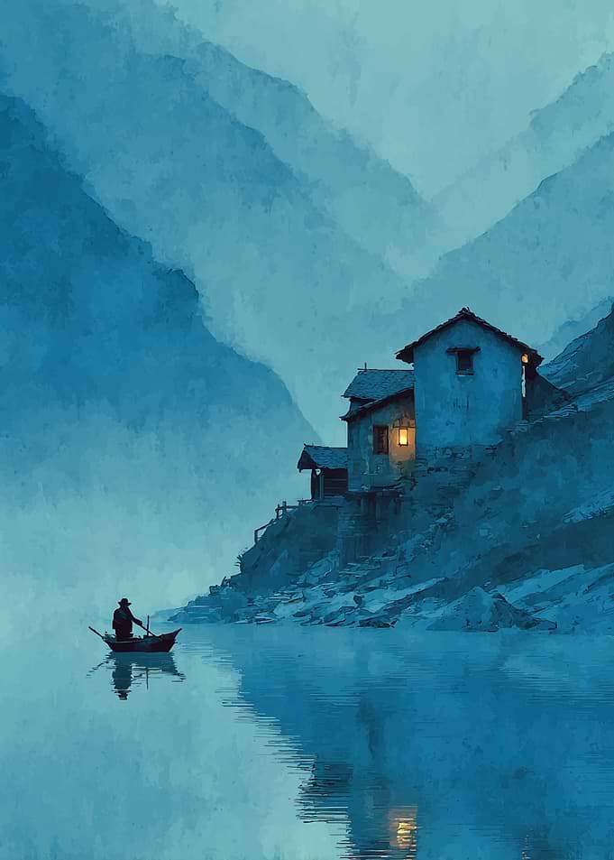 Serene Mountain Lake with Fisherman