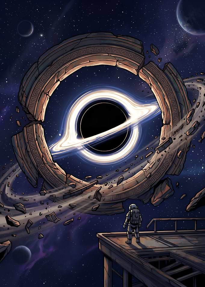 Astronaut Witnessing Black Hole and Ancient Space Ring