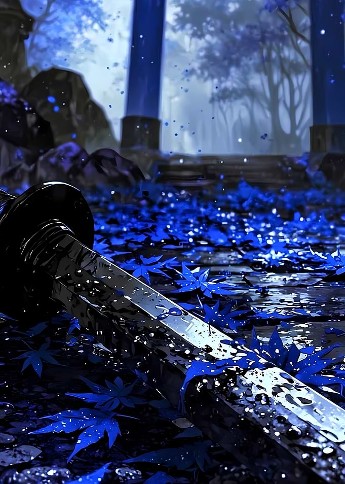 Samurai Sword Amidst Blue Leaves