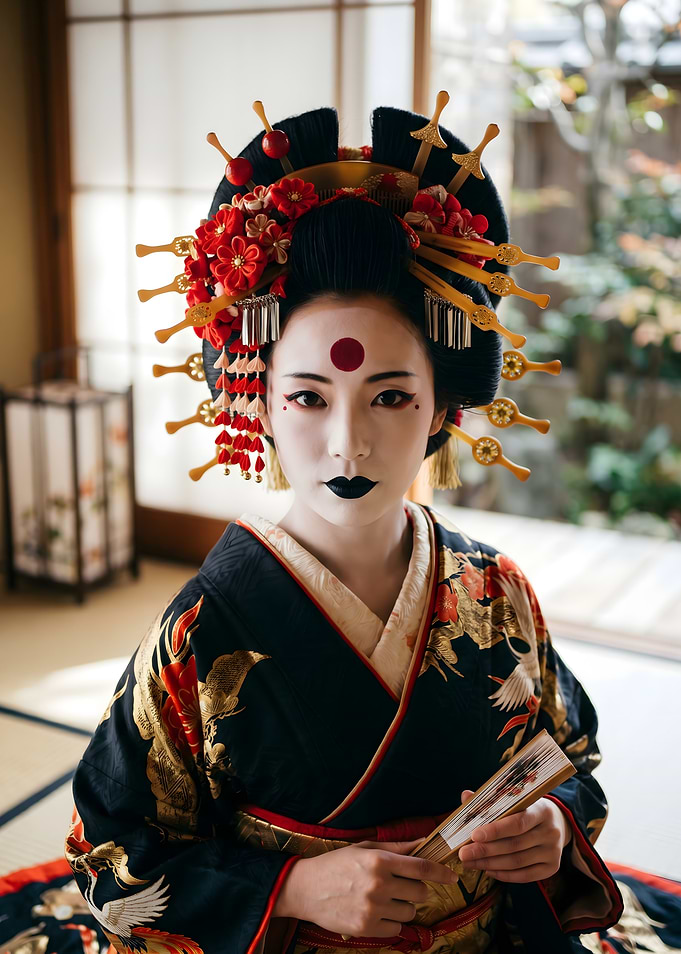 Geisha in Traditional Kimono with Fan