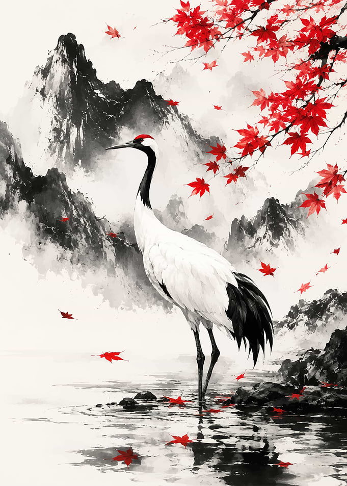 Crane and Maple Leaves Painting