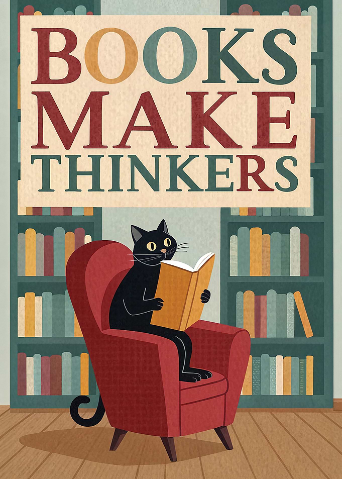 Black Cat Reading in a Red Armchair