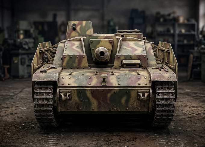 Camouflaged Tank in Workshop