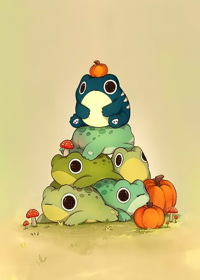 Stack of Cute Frogs with Pumpkins