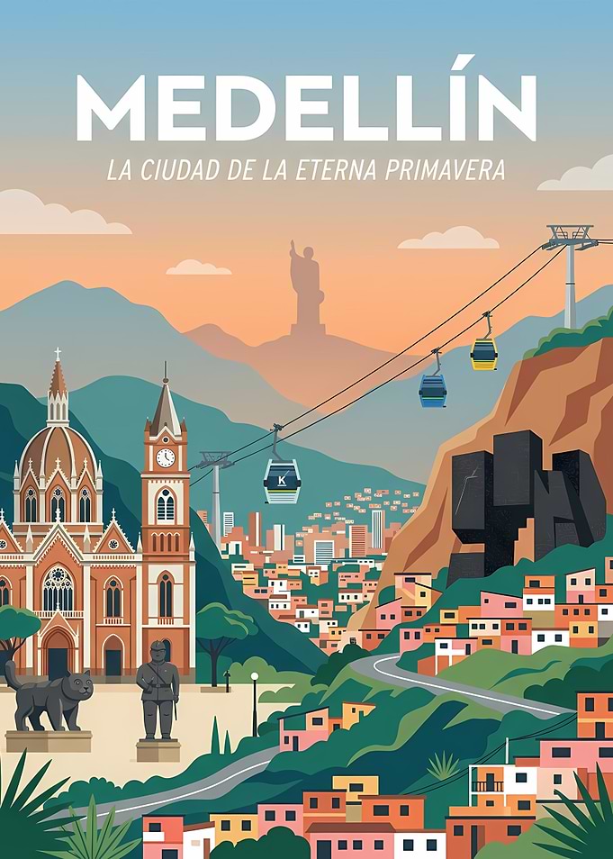 Medellin Cityscape with Cable Cars