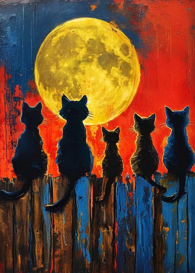 Five Black Cats on a Fence Under the Moon