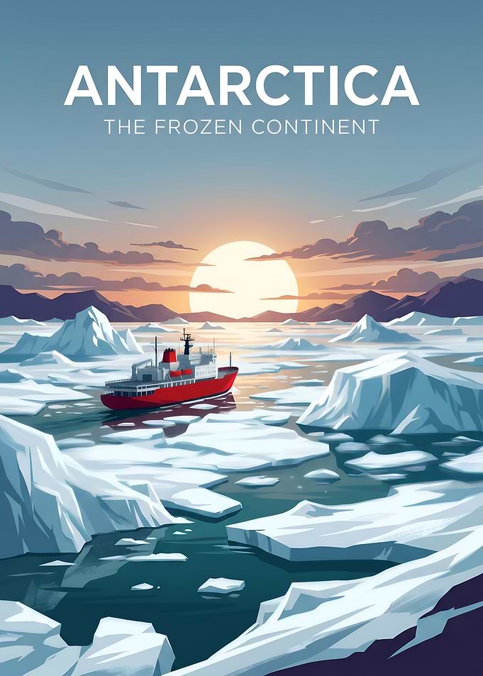 Antarctica Travel Poster with Red Icebreaker Ship