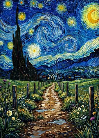 Starry Night Landscape with Village