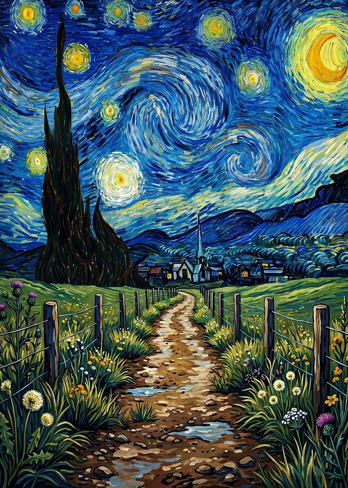 Starry Night Landscape with Village