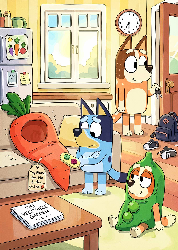 Bluey characters in a living room