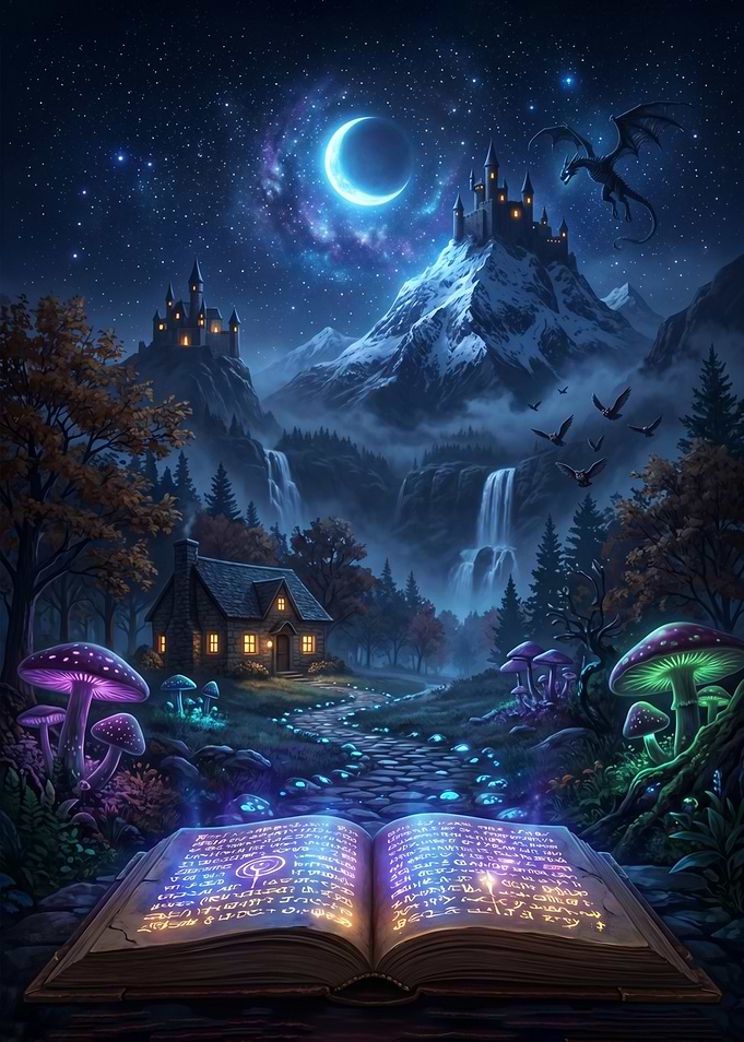 Enchanted Forest Book and Castle night