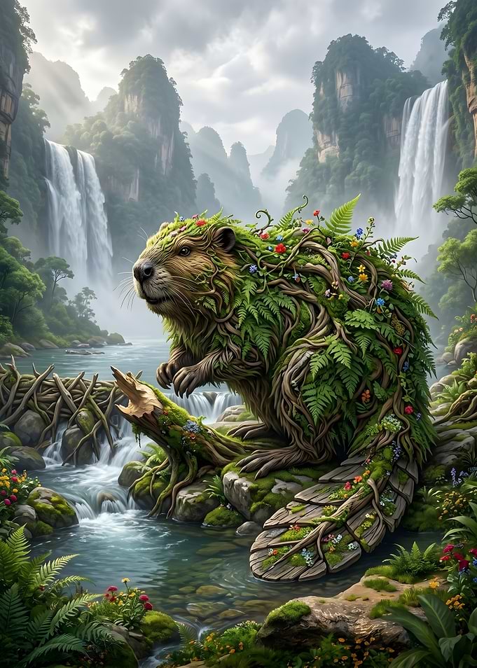 Beaver with Waterfalls