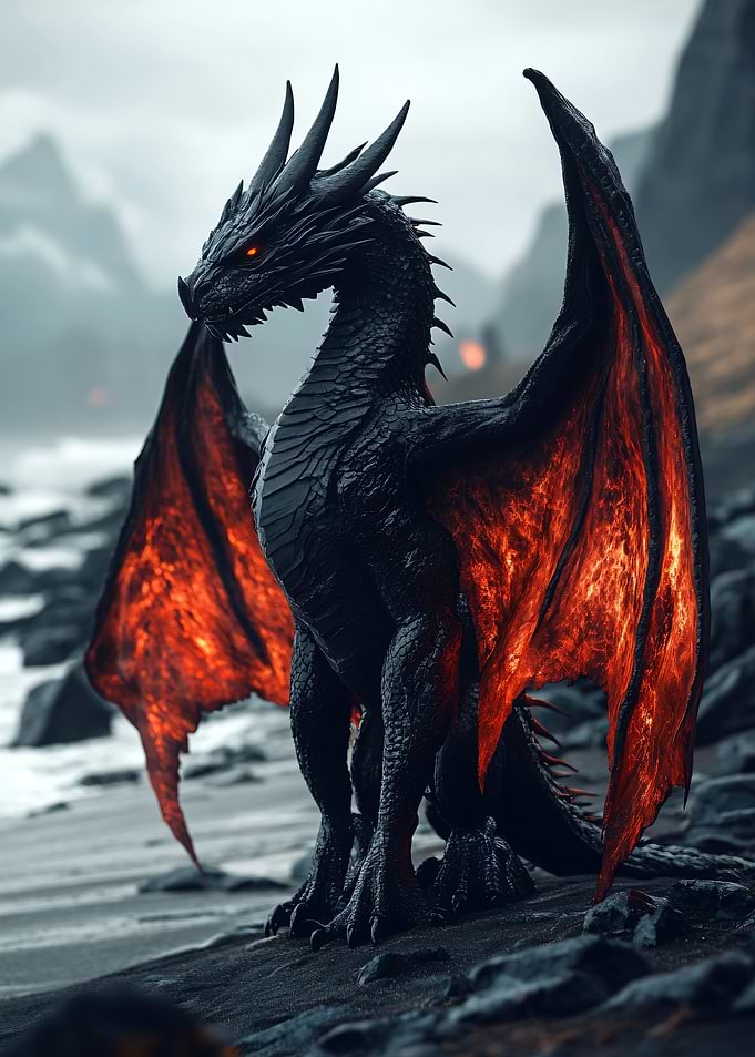 Black Dragon with Fiery Wings
