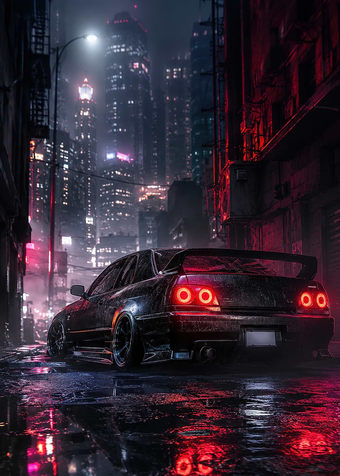 Cyberpunk Car in Rainy City