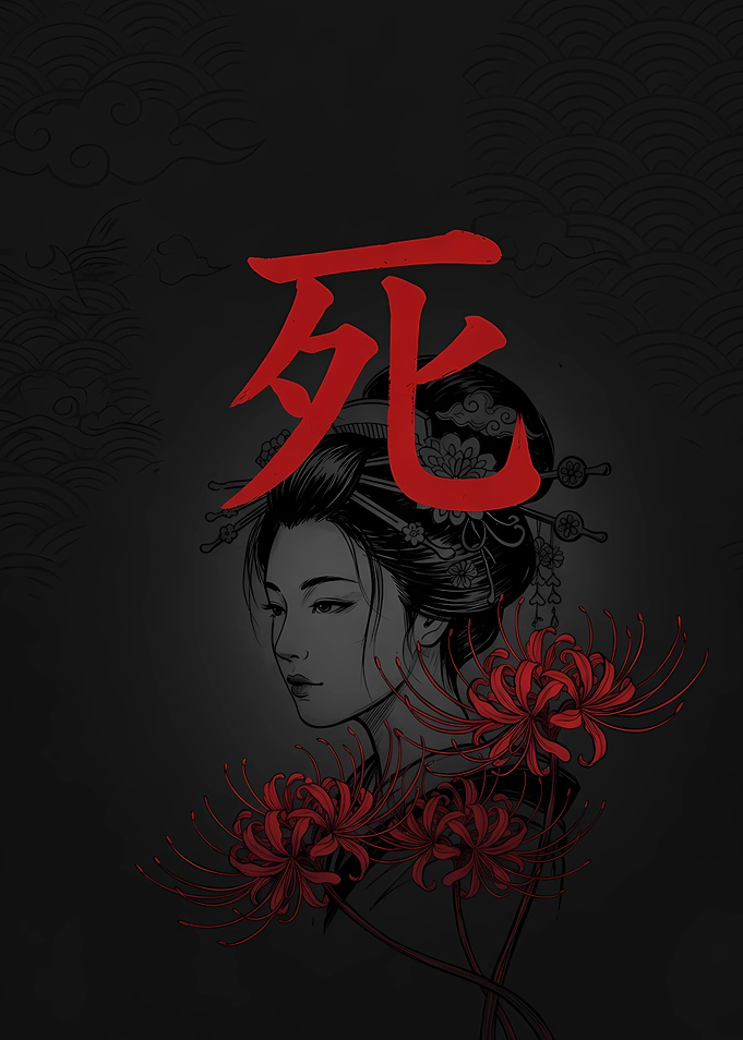 Geisha with Red Spider Lilies and Kanji
