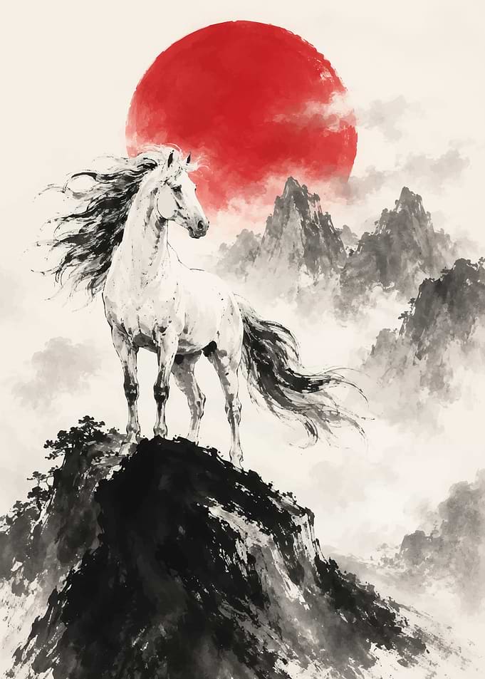 Majestic White Horse on Mountain Peak