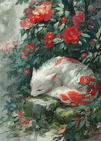 White Fox Sleeping Among Red Flowers