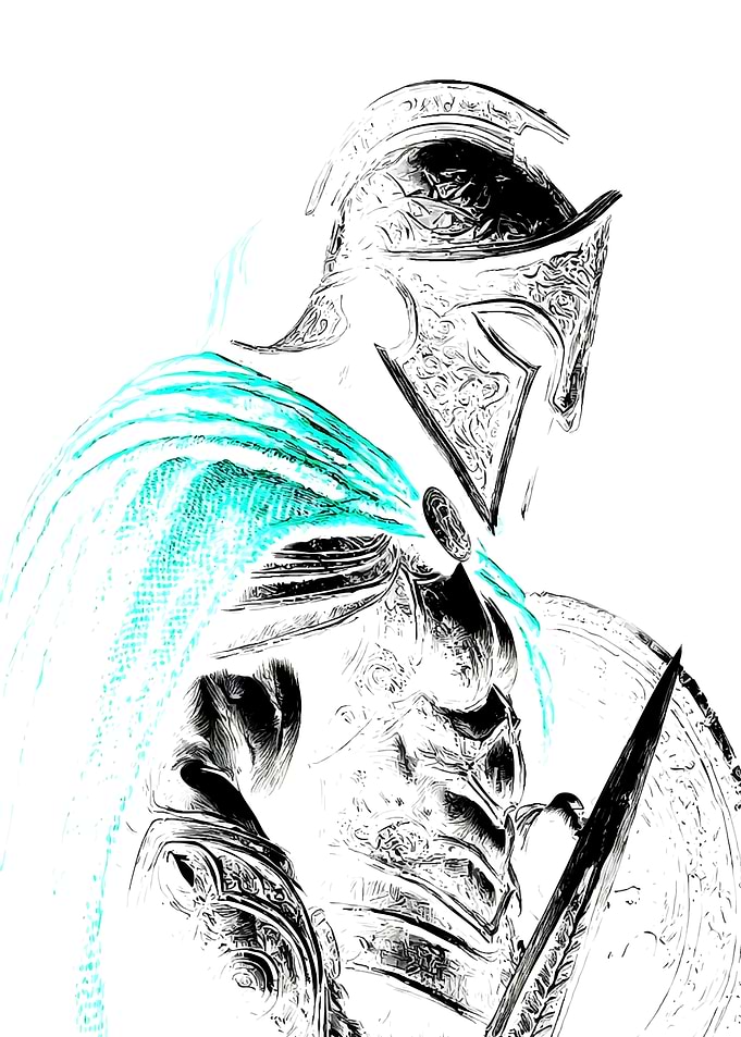 Warrior in ornate armor with turquoise cape