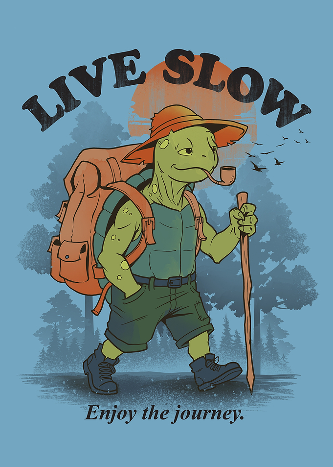 Turtle hiker with backpack and pipe