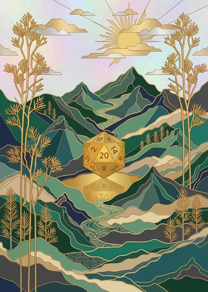 Golden D20 Dice in Mountain Landscape