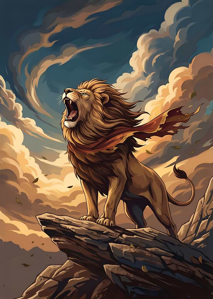 Majestic Lion Roaring on Cliff