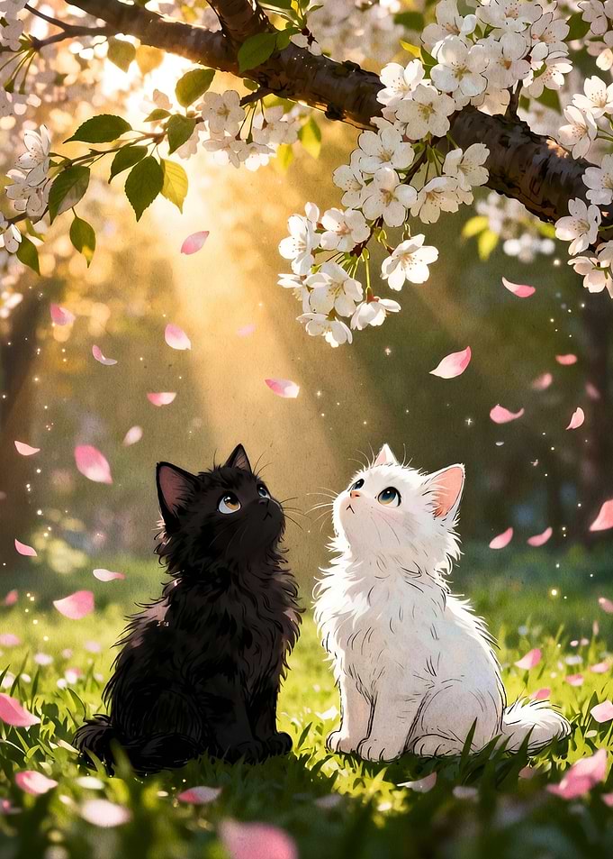 Kittens under Cherry Blossoms