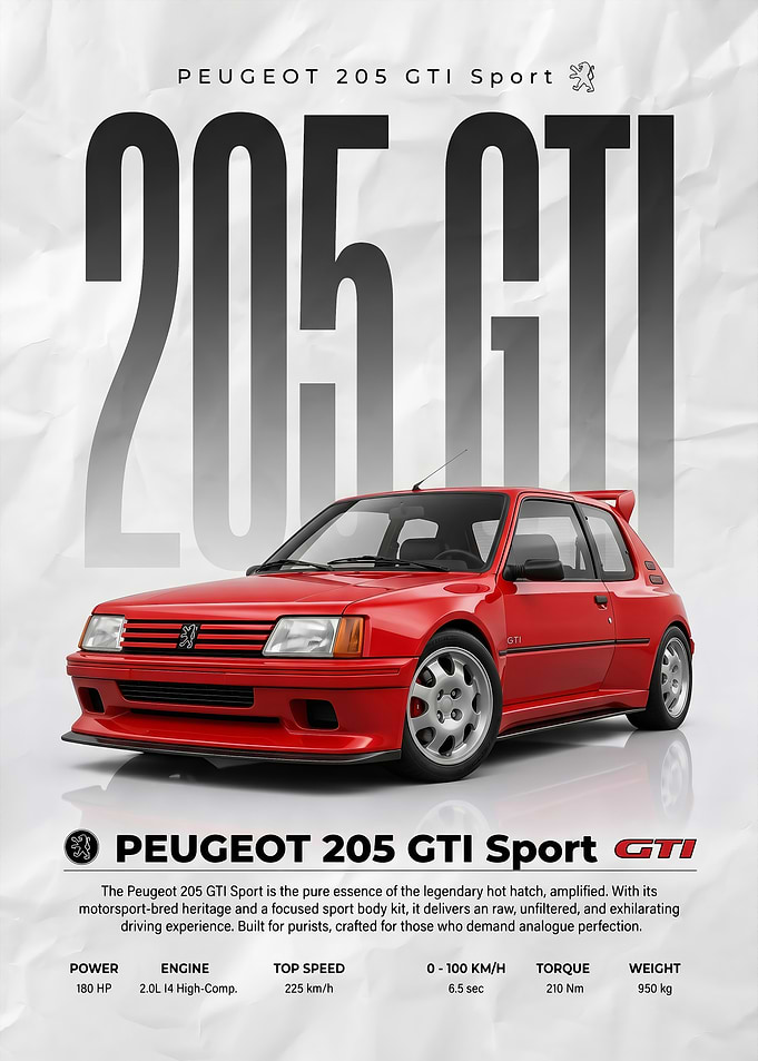 sleek red Peugeot 205 gti Sport Car Poster