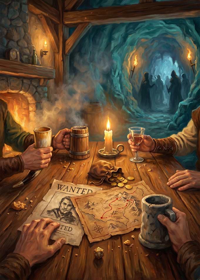 Fantasy tavern scene with adventurers