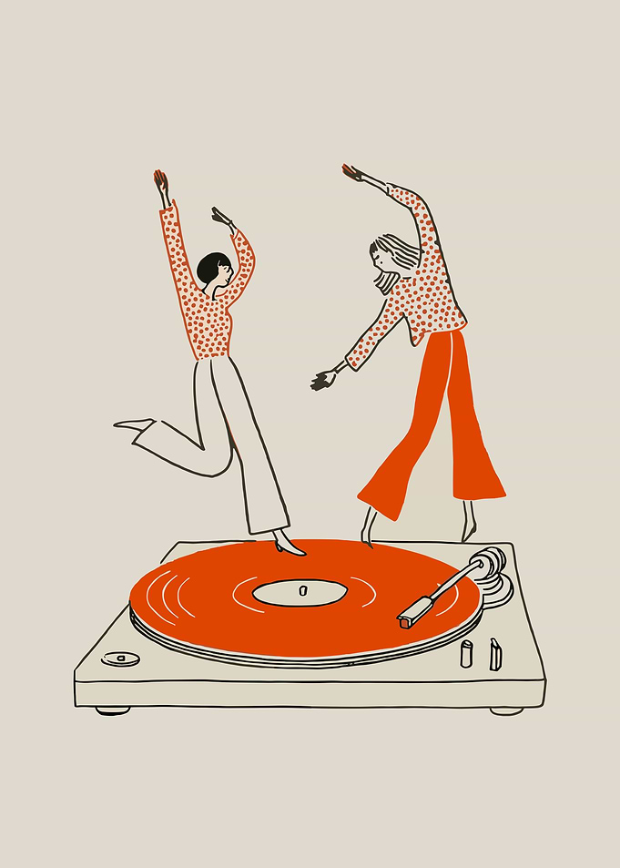Two Women Dancing to a Record Player