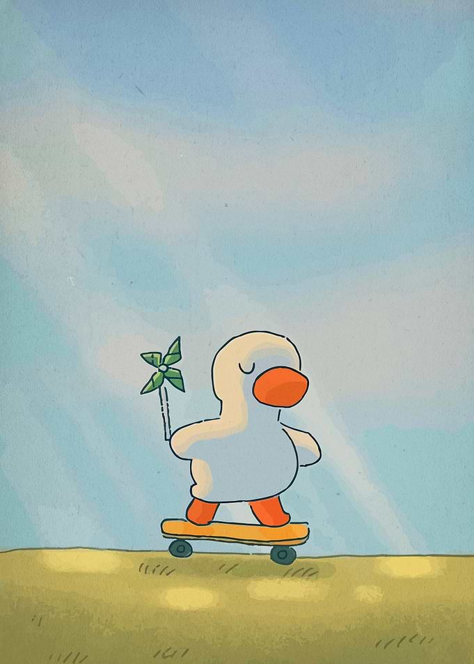 Cute Duck on Skateboard with Pinwheel