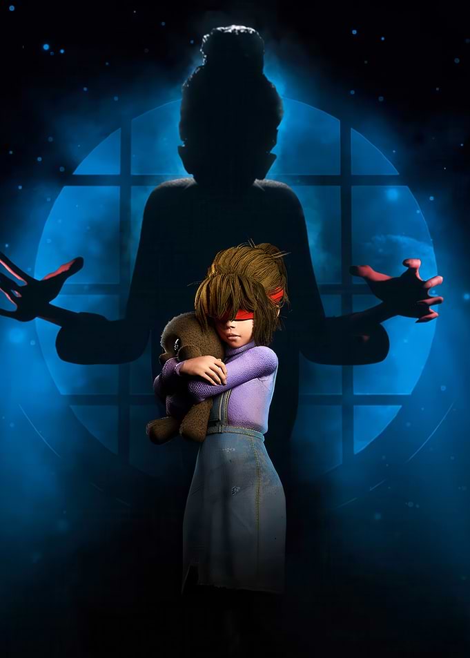 Blindfolded Girl Hugs Teddy Bear