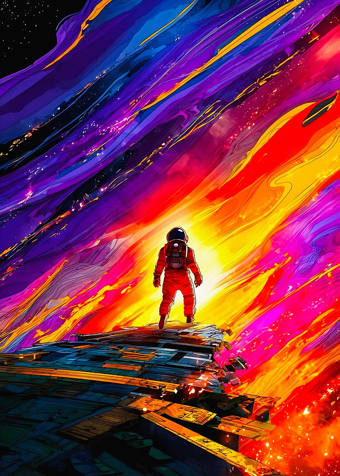 Astronaut in a vibrant cosmic landscape